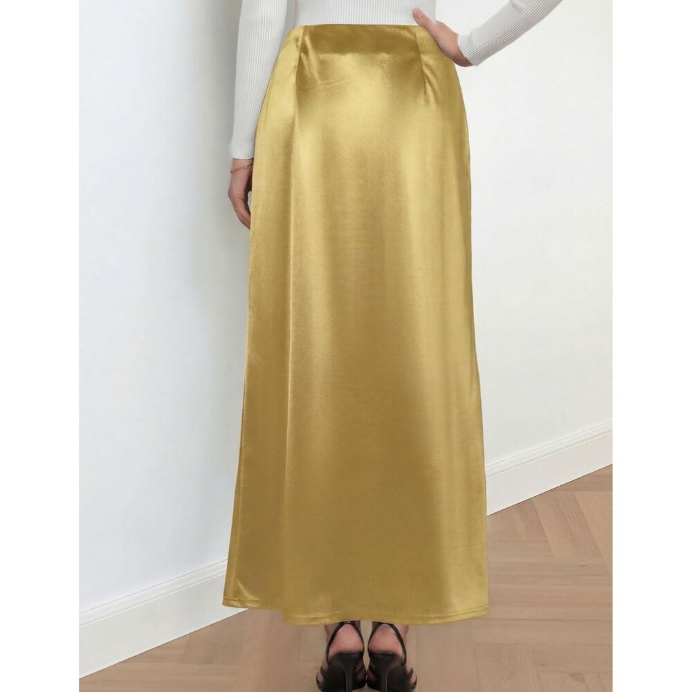 Women's Gold Satin Wrap High Waisted Flowy Spring Summer Ruched Long Maxi Skirt - Picture 3 of 6